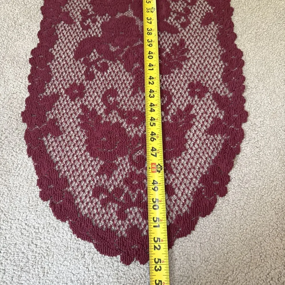 Burgundy Rose Lace Table Runner 52x14 Floral Scalloped Victorian Vtg